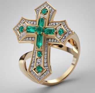 A close-up view of an intricately designed piece of jewelry featuring a large, raw green gemstone. The gemstone is encased in a silver-colored metal setting with swirling patterns and small decorative silver balls.