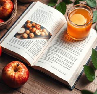 a book opened to show a book with a glass of juice