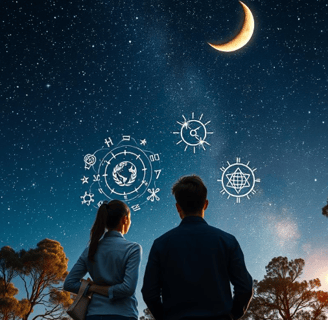a couple looking at the stars and moon