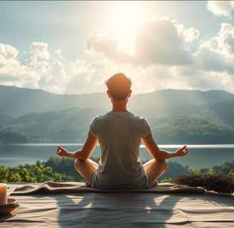 a person sitting in a meditation position on a blanket
