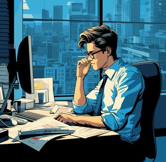 a man sitting at a desk with a computer and a laptop : Financial Translation Services