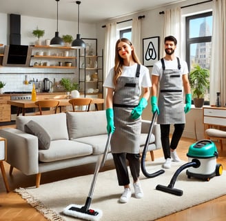 A professional cleaning team performing an Airbnb cleaning service in a modern, well-furnished rental property with contempor