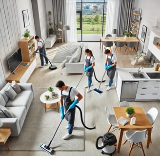 A professional cleaning team performing a detailed short-term rental cleaning service in a modern, well-furnished vacation pr