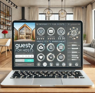 A laptop displaying the Guesty for Hosts property management dashboard with tools for booking management, guest communication