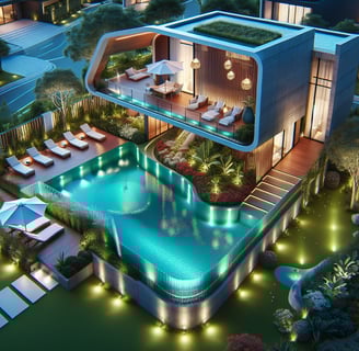 a house with a pool and a pool in the middle of the night