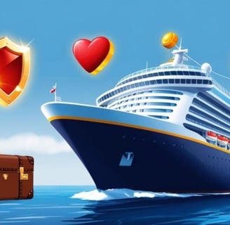 Navio de cruzeiro navegando em mar azul com logos de apólices de seguro flutuando ao redor.