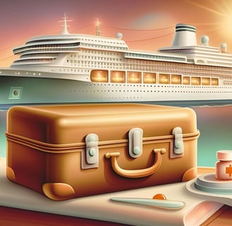 Navio ao fundo com representação visual de orientações médicas relacionadas à saúde em cruzeiros.