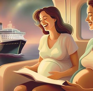 Gestantes trocam experiências sobre cruzeiros, com o oceano e um navio de fundo compondo a cena.