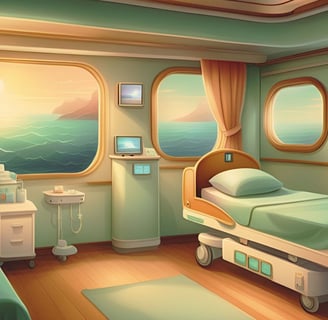 Mini hospital a bordo de navio de cruzeiro, com vista para o mar e ambiente acolhedor e funcional.