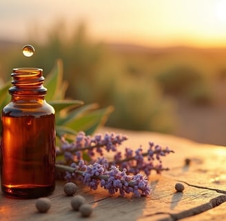 Amber bottle of chia seed oil with golden droplet, purple chia blossoms with dewy leaves on sun bleached wood at dawn