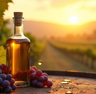 clear bottle of grapeseed oil with golden droplet, nestled among purple grapes on weathered oak at sunset