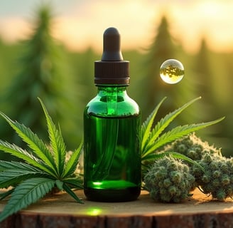 Emerald bottle of hemp seed oil with glowing jade drople amid dewy leaves and buds on cedar wood. Dawn light over hemp fields