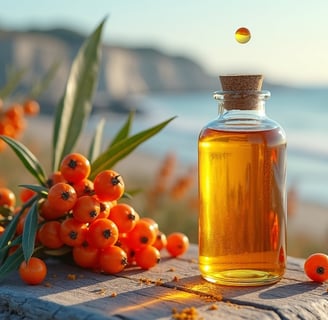 sea buckthorn oil bottle with amber droplet on driftwood, surrounded by orange berries and leaves at sunrise