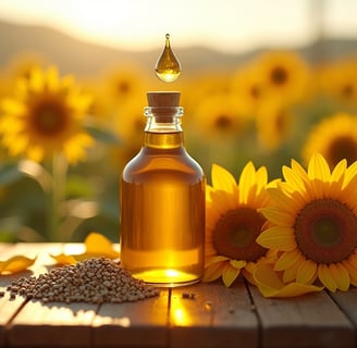 Amber bottle of sunflower seed oil with golden droplet, surrounded by yellow petals and seeds on a rustic farmhouse table