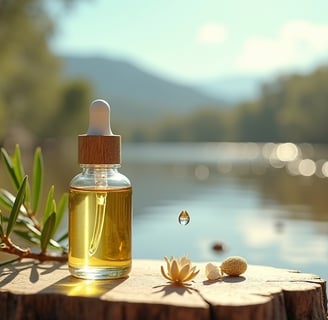Clear glass bottle of tea tree oil with a glistening droplet, surrounded by fresh leaves and flowers on eucalyptus wood