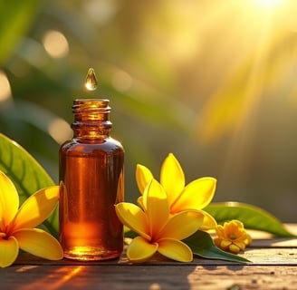 Amber bottle of Ylang Ylang essential oil with golden droplet, surrounded by tropical yellow flowers on weathered wood