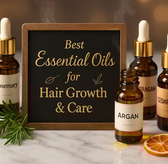 Essential oils for hair growth with labelled bottles and signboard on display
