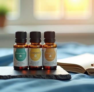 A hand holding a stress ball next to essential oil bottles, a diffuser and an open notebok on a cozy table set up