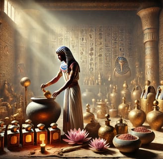 Ancient Egyptian priest preparing oils in temple, surrounded by jars and hieroglyphs