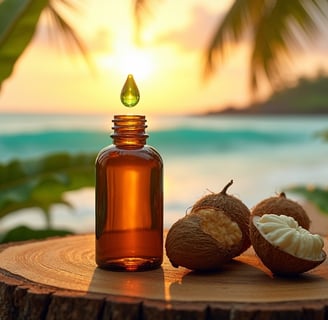 Clean bottle of Tamanu oil with droplet, amid cracked nut and leaf on koa wood. SUnset over tropical shoreline