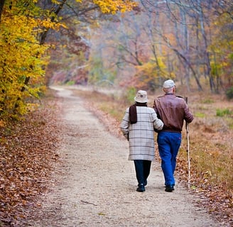 Elderly couple taking a walk in a park during the fall season.