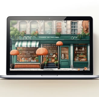 a laptop computer screen showing a storefront window with a storefront window