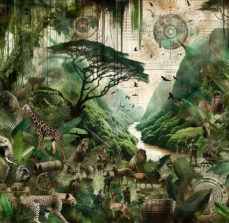 A rich collage blending wildlife, dense jungles, and historical elements with a dreamy, green-toned 