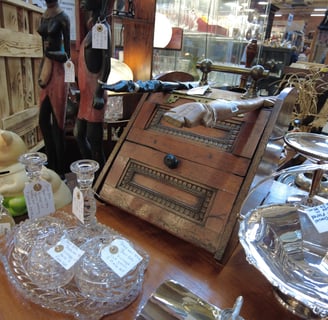 antiques and curios @jkfarm.co.uk glassware, Africana, bread bin, silver