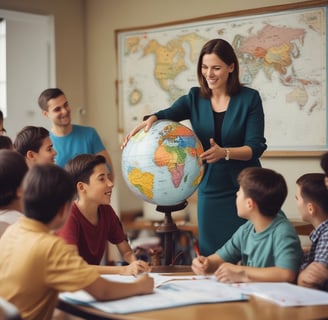 a teacher teaching children around a globe in a classroom