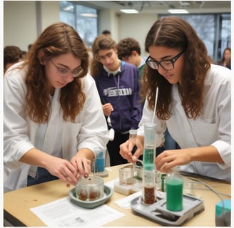 two students in lab coats doing experiments in a science classroom laboratory