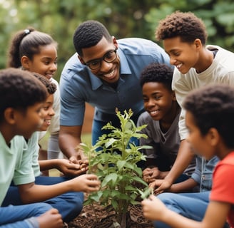 a teacher and group of students are outside looking at a plant