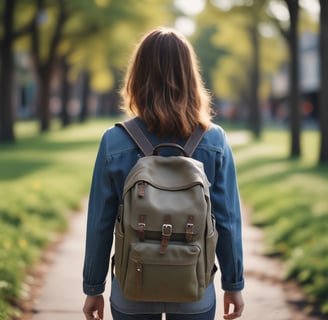 a teacher walking down a path with a backpack on a field trip
