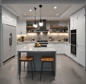 a redesigned kitchen with a large island 