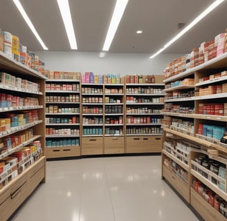 A grocery store aisle displaying various packaged foods on shelves. In the center, there is a promotional display of bags containing toffee popcorn, with a sign indicating the price. The aisle is well-lit, and the shelves are stocked with an assortment of products, including snacks, dairy, and bread.