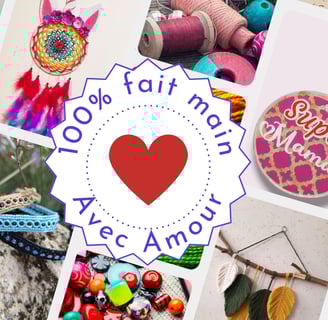 composition de photos qui représentant des créations artisanales. Au centre un écusson "fait main avec amour"