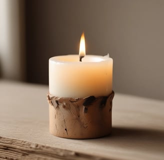 A collection of artisan candles with dried flowers and herbs embedded in the wax is arranged on a wooden surface. The candles vary in size, with some in glass containers. The dried flowers include lavender and rose petals, adding a rustic and handmade aesthetic. Soft lighting enhances the warm and cozy atmosphere.