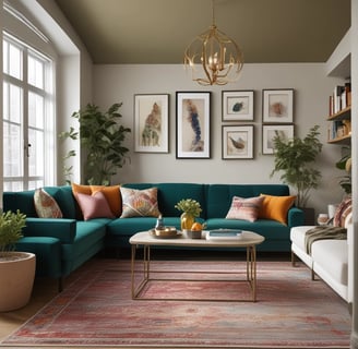 The image depicts a cozy and stylish interior of a tiny home or a mobile home featuring a mix of modern and rustic decor. The walls and ceiling are made of light wood, and the floor has a warm wooden finish. There is a wicker chair with a blue cushion, a wicker basket with a green plant, a small table, and various woven decorations hanging on the walls. The small kitchen area includes white cabinetry, a stove, a refrigerator, a sink, and a wooden countertop. Several plants are placed throughout the space. Towards the back, a bed and more decorations can be seen, with a dog lounging on the bed.