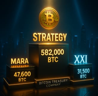 Podium des plus grands détenteurs institutionnels de Bitcoin en 2025 : Strategy, MARA, XXI