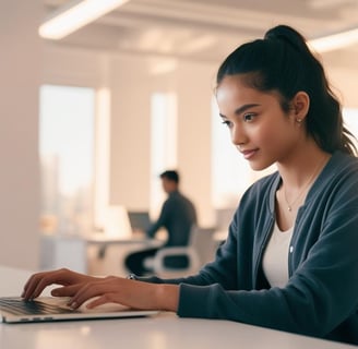 a woman sitting at a desk with a laptop