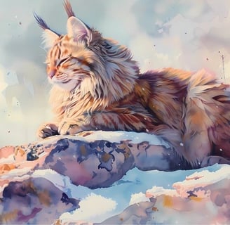 un maine coon assis sur un rocher dans la neige