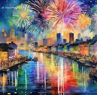 a painting of a city with fireworks and fireworks