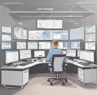 a man sitting at a desk with multiple monitors and monitoring projects