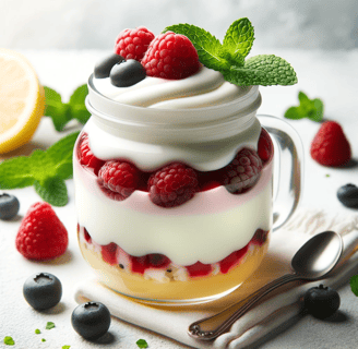 a yogurt dessert with berries and lemonade on a table