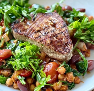 Semaglutide Recipe: Grilled Tuna Steak over Greens with Chickpeas and Tomatoes
