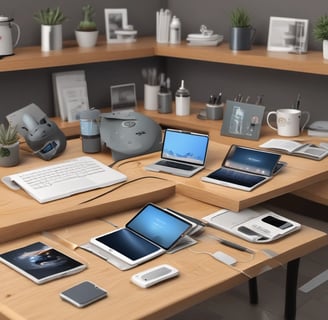 An open empty notebook on a white desk next to an iPhone and a MacBook