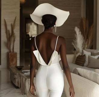 A black woman in a nice living wearing a white backless jumpsuit 