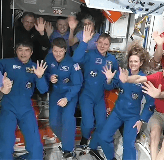 The four SpaceX Crew-10 members and the seven Expedition 72 crew members join each other for a welcoming ceremony. NASA