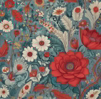 Tissu d’ameublement haut de gamme à motif floral rouge et blanc sur fond bleu.