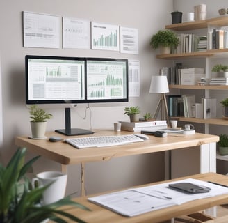 A modern skyscraper with the PwC logo is partially obscured by out-of-focus autumn leaves in the foreground. The building is set against a backdrop of a bright, cloudy sky.