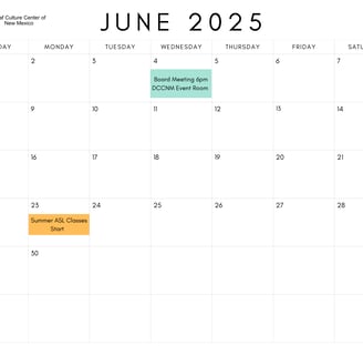 DCCNM June 2025 Event Calander, two events listed Board Meeting 6pm DCCNM Event Room on June 4th
